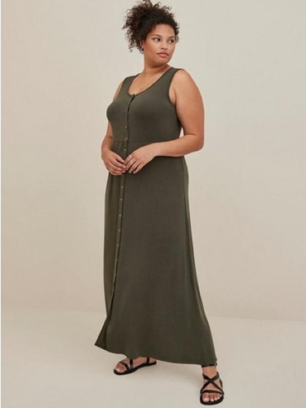 Torrid Olive Green Sleeveless Maxi Jersey Button-Front Dress Size 1 - Picture 9 of 10